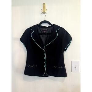 Vintage Robbie Bee Black Short Sleeve Blazer Jacket Teal Trim Size 10